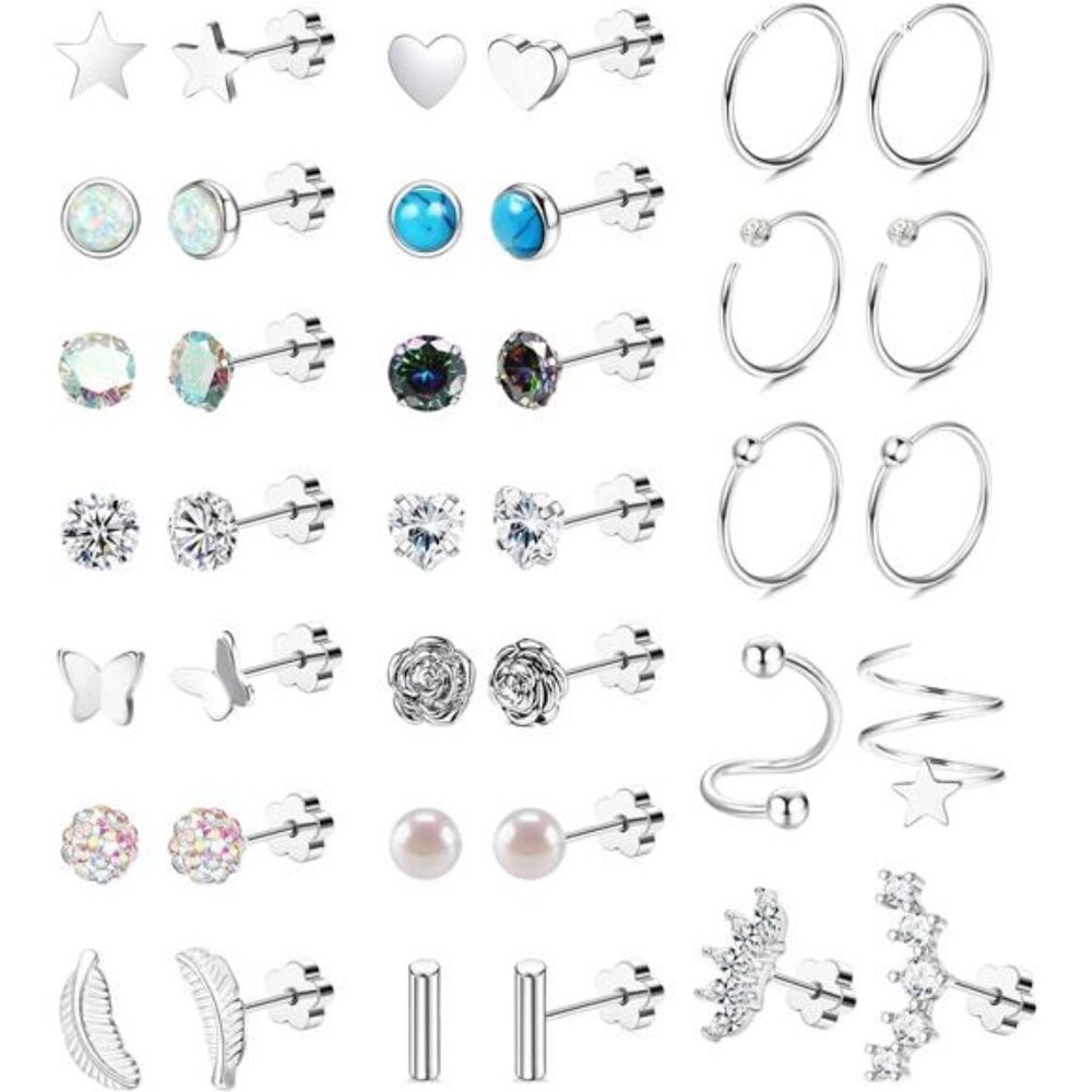 21 Pairs Surgical Steel Flat Back Earrings Set for Women Men